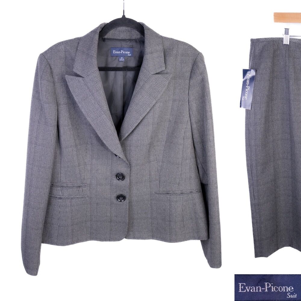 EVAN PICONE 2-Pcs Jacket Blazer & Skirt Plaid Gray Poly Size 18 Skirt Sz 18